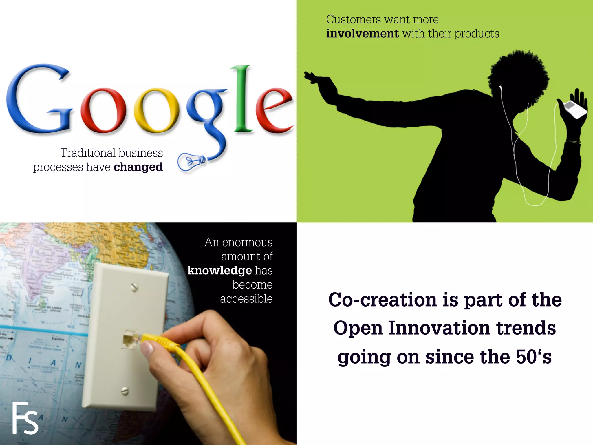 Customers want more
                                                 involvement with their products




     Traditional business
processes have changed




                              An enormous
                                 amount of
                            knowledge has
                                   become
                                accessible       Co-creation is part of the
                                                 Open Innovation trends
                                                  going on since the 50‘s

  FRONTEER
  STRATEGY
  INNOVATION.
  CO-CREATION.
  BRAND DEVELOPMENT.                         7
 