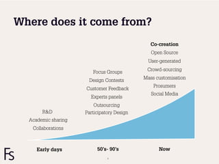 Where does it come from?
                                               Co-creation
                                               Open Source
                                              User-generated
                                             Crowd-sourcing
                        Focus Groups
                                            Mass customisation
                      Design Contests
                                                Prosumers
                     Customer Feedback
                                               Social Media
                       Experts panels
                         Outsourcing
       R&D           Participatory Design
  Academic sharing
   Collaborations



     Early days           50’s- 90’s              Now
                               12
                                8
 