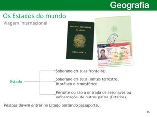 15
Viagem internacional
Estado
Soberano em suas fronteiras.
Soberano em seus limites terrestre,
litorâneo e atmosférico.
Permite ou não a entrada de aeronaves ou
embarcações de outros países (Estados).
Pessoas devem entrar no Estado portando passaporte.
Os Estados do mundo
 