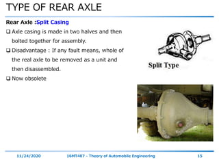 TYPE OF REAR AXLE
11/24/2020 16MT407 - Theory of Automobile Engineering 15
Rear Axle :Split Casing
 Axle casing is made in two halves and then
bolted together for assembly.
 Disadvantage : If any fault means, whole of
the real axle to be removed as a unit and
then disassembled.
 Now obsolete
 