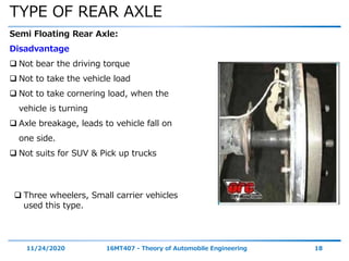TYPE OF REAR AXLE
11/24/2020 16MT407 - Theory of Automobile Engineering 18
Semi Floating Rear Axle:
Disadvantage
 Not bear the driving torque
 Not to take the vehicle load
 Not to take cornering load, when the
vehicle is turning
 Axle breakage, leads to vehicle fall on
one side.
 Not suits for SUV & Pick up trucks
 Three wheelers, Small carrier vehicles
used this type.
 