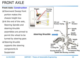 FRONT AXLE
11/24/2020 16MT407 - Theory of Automobile Engineering 23
Front Axle: Construction
 Downward Sweep front
portion makes the
chassis height low
 At the end of the axle,
Steering Spindle and
steering Knuckle
assemblies are pinned to
permit the wheel to be
turned by steering gear.
 Steering Knuckle
supports the steering
components &
Suspension
steering Knuckle
 