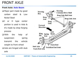 FRONT AXLE
11/24/2020 16MT407 - Theory of Automobile Engineering 25
Front Axle: Axle Beam
 Major part made by good
carbon steel & Low
Nickel Steel
 I or H type center
portion is used in Axle &
it’s made by drop forging
process
 With the help of
suspension spring
transmit the vehicle
weight to front wheel
 Axle are hinged with stub
axle
 
