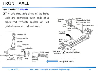 FRONT AXLE
11/24/2020 16MT407 - Theory of Automobile Engineering 28
Front Axle: Track Rod
 The two stub axle arms of the front
axle are connected with ends of a
track rod through Knuckle or Ball
joints known as track rod ends
Ball joint - Unit
 