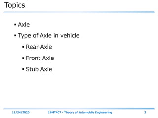 Topics
 Axle
 Type of Axle in vehicle
 Rear Axle
 Front Axle
 Stub Axle
11/24/2020 16MT407 - Theory of Automobile Engineering 3
 