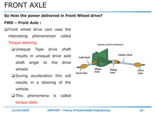 FRONT AXLE
11/24/2020 16MT407 - Theory of Automobile Engineering 32
So How the power delivered in Front Wheel drive?
FWD – Front Axle :
 Front wheel drive cars uses the
interesting phenomenon called
Torque steering.
 Unequal Type drive shaft
results in unequal drive axle
shaft angle to the drive
wheels
 During acceleration this will
results in a steering of the
vehicle.
 This phenomena is called
torque steer.
 