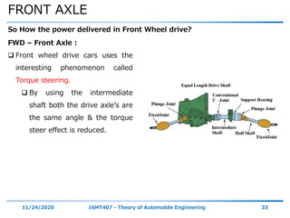 FRONT AXLE
11/24/2020 16MT407 - Theory of Automobile Engineering 33
So How the power delivered in Front Wheel drive?
FWD – Front Axle :
 Front wheel drive cars uses the
interesting phenomenon called
Torque steering.
 By using the intermediate
shaft both the drive axle’s are
the same angle & the torque
steer effect is reduced.
 