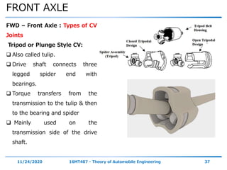 FRONT AXLE
11/24/2020 16MT407 - Theory of Automobile Engineering 37
FWD – Front Axle : Types of CV
Joints
Tripod or Plunge Style CV:
 Also called tulip.
 Drive shaft connects three
legged spider end with
bearings.
 Torque transfers from the
transmission to the tulip & then
to the bearing and spider
 Mainly used on the
transmission side of the drive
shaft.
 