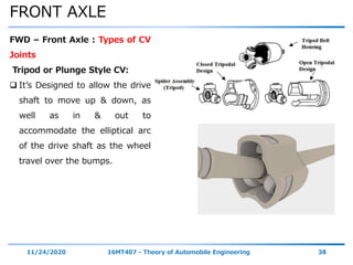 FRONT AXLE
11/24/2020 16MT407 - Theory of Automobile Engineering 38
FWD – Front Axle : Types of CV
Joints
Tripod or Plunge Style CV:
 It’s Designed to allow the drive
shaft to move up & down, as
well as in & out to
accommodate the elliptical arc
of the drive shaft as the wheel
travel over the bumps.
 