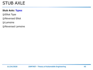STUB AXLE
11/24/2020 16MT407 - Theory of Automobile Engineering 43
Stub Axle: Types
 Elliot Type
 Reversed Elliot
 Lamoine
 Reversed Lamoine
 
