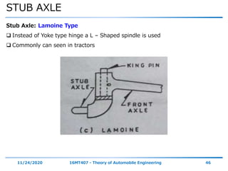 STUB AXLE
11/24/2020 16MT407 - Theory of Automobile Engineering 46
Stub Axle: Lamoine Type
 Instead of Yoke type hinge a L – Shaped spindle is used
 Commonly can seen in tractors
 