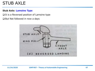 STUB AXLE
11/24/2020 16MT407 - Theory of Automobile Engineering 47
Stub Axle: Lamoine Type
 It is a Reversed position of Lamoine type
 But Not followed in now a days
 