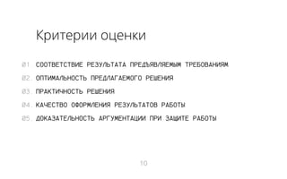 Критерии оценки
01. СООТВЕТСТВИЕ РЕЗУЛЬТАТА ПРЕДЪЯВЛЯЕМЫМ ТРЕБОВАНИЯМ
02. ОПТИМАЛЬНОСТЬ ПРЕДЛАГАЕМОГО РЕШЕНИЯ
03. ПРАКТИЧНОСТЬ РЕШЕНИЯ
04. КАЧЕСТВО ОФОРМЛЕНИЯ РЕЗУЛЬТАТОВ РАБОТЫ
05. ДОКАЗАТЕЛЬНОСТЬ АРГУМЕНТАЦИИ ПРИ ЗАЩИТЕ РАБОТЫ

10

 