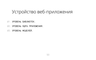 Устройство веб-приложения
01. УРОВЕНЬ БИБЛИОТЕК.
02. УРОВЕНЬ ЯДРА ПРИЛОЖЕНИЯ.
03. УРОВЕНЬ МОДЕЛЕЙ.

50

 