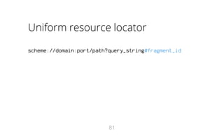 Uniform resource locator
scheme://domain:port/path?query_string#fragment_id

81

 