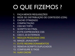 O QUE FIZEMOS ?
1.    FAÇA MENOS REQUISIÇÕES
2.    REDE DE DISTRIBUIÇÃO DE CONTEÚDO (CDN)
3.    CACHE OTIMIZADO
4.    COMPACTAÇÃO
5.    CSS NO TOPO
6.    SCRIPTS NO FINAL
7.    EVITE EXPRESSÕES CSS
8.    CSS E JS EXTERNOS
9.    REDUZA PESQUISAS DNS
10.   MINIZE JAVASCRIPT
11.   EVITE REDIRECIONAMENTOS
12.   REMOVA SCRIPTS DUPLICADOS
13.   CONFIGURE E-TAGS
14.   AJAX CACHE
 
