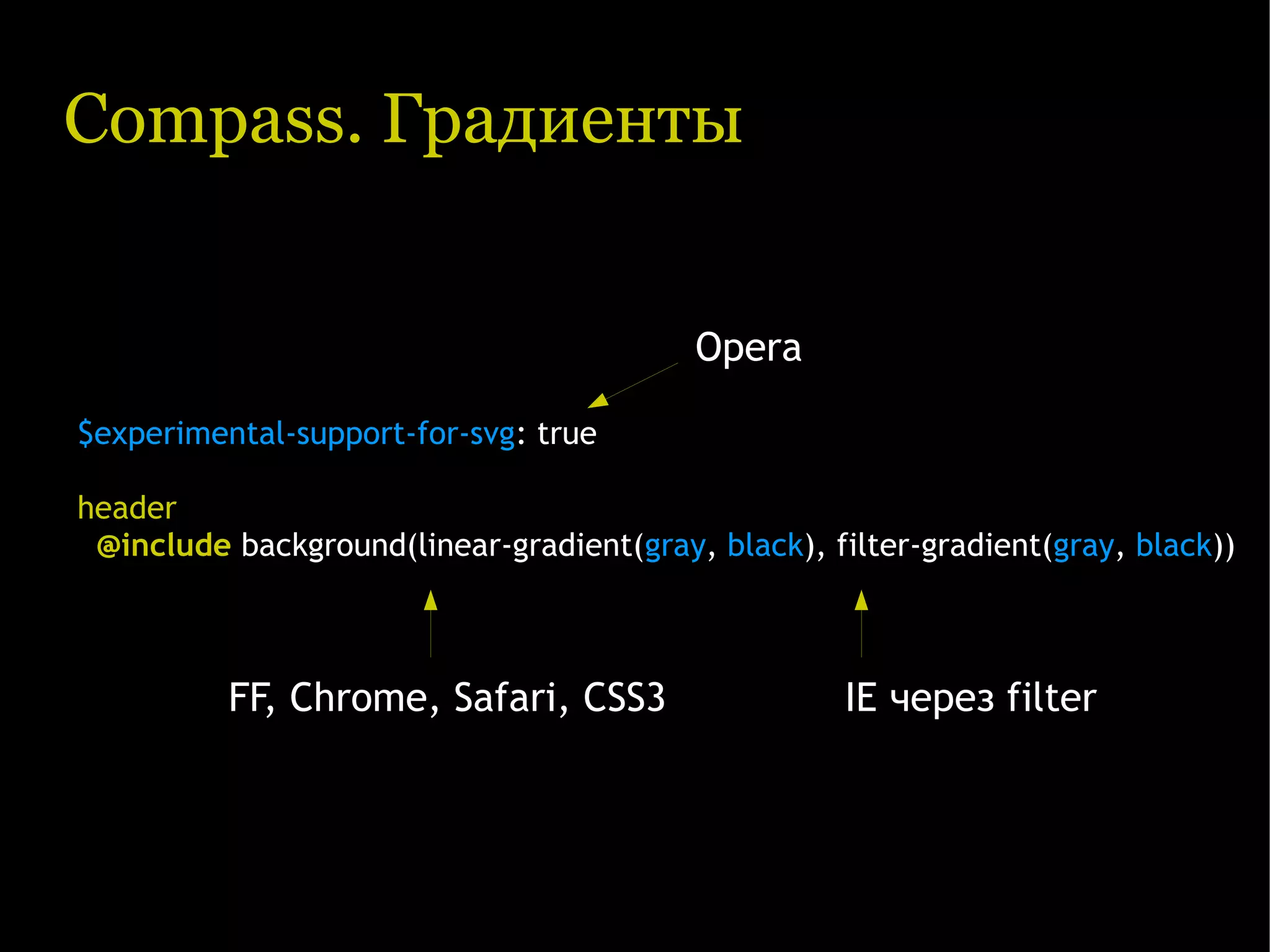 Compass. Градиенты Opera $experimental-support-for-svg: true header @include background(linear-gradient(gray, black), filter-gradient(gray, black)) FF, Chrome, Safari, CSS3 IE через filter 