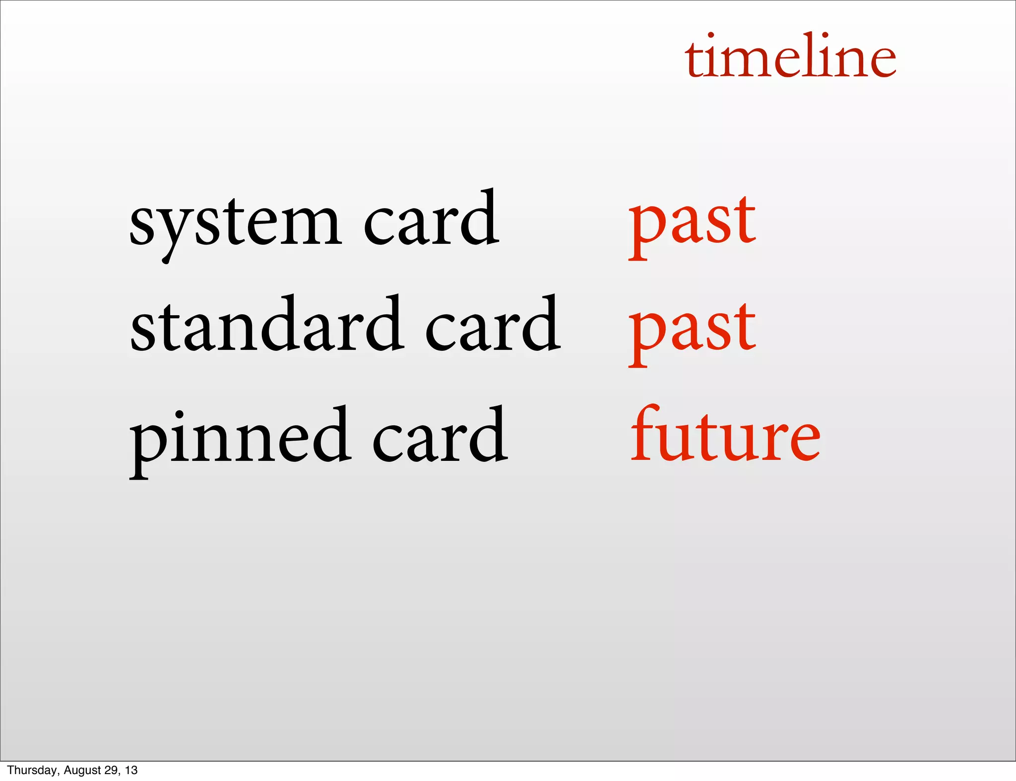 timeline
standard card
pinned card
system card past
past
future
Thursday, August 29, 13
 