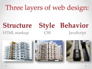 Three layers of web design:
Structure Style Behavior
HTML markup CSS JavaScript
 