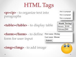 HTML Tags
<p></p> - to organize text into
paragraphs
<table></table> - to display table
<form></form> - to define
form for user input
<img></img> - to add image
 