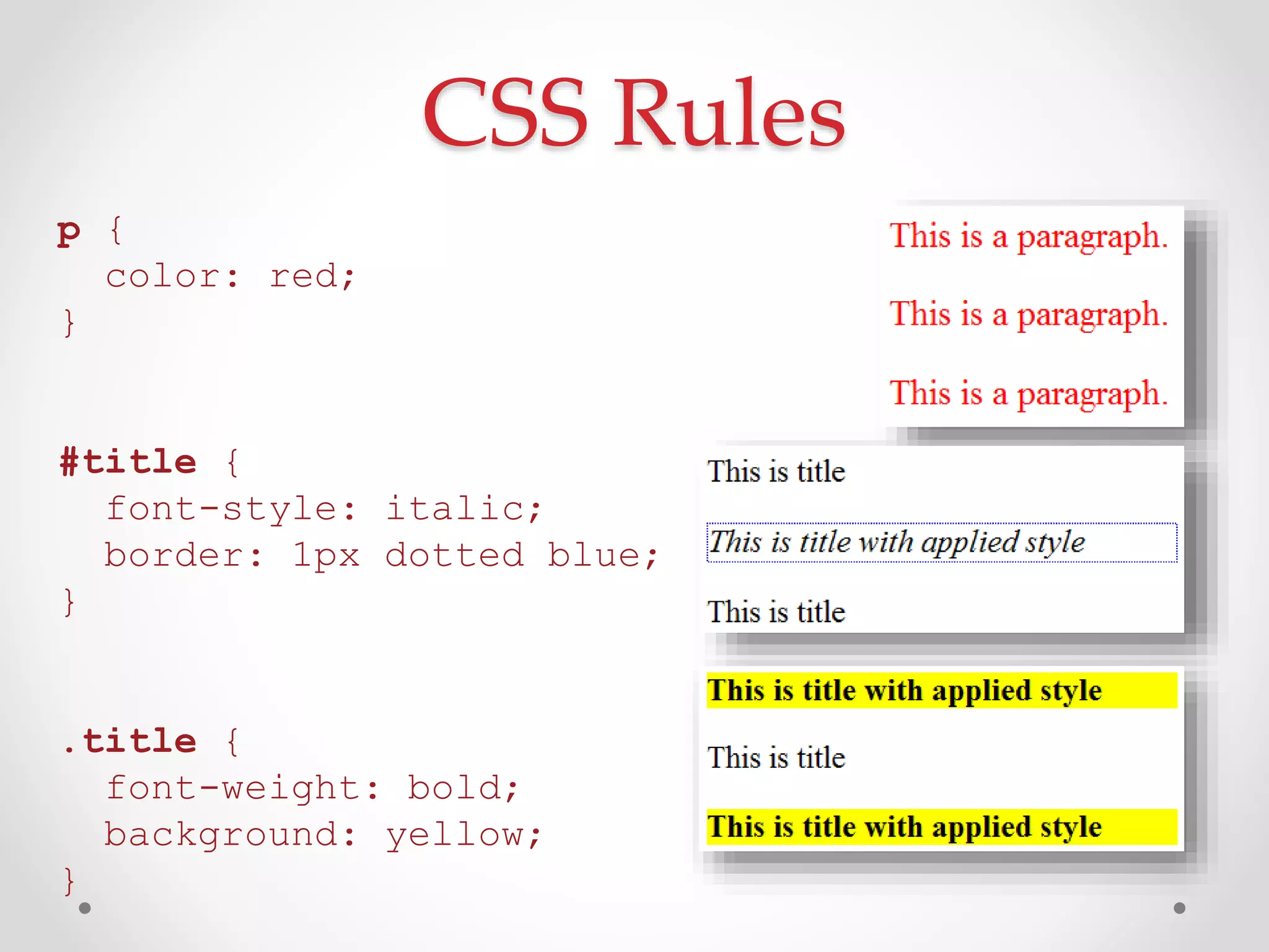 CSS Rules
p {
color: red;
}
#title {
font-style: italic;
border: 1px dotted blue;
}
.title {
font-weight: bold;
background: yellow;
}
 