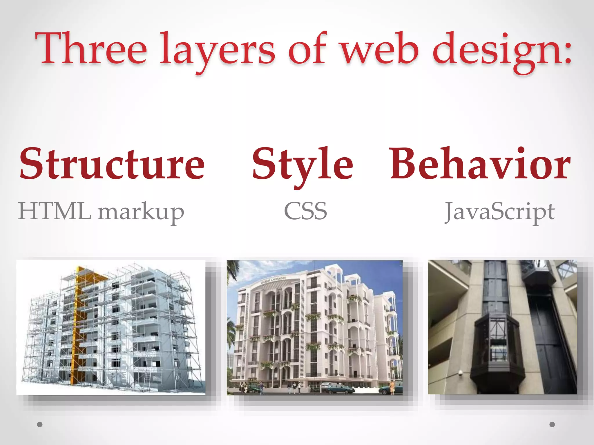 Three layers of web design:
Structure Style Behavior
HTML markup CSS JavaScript
 