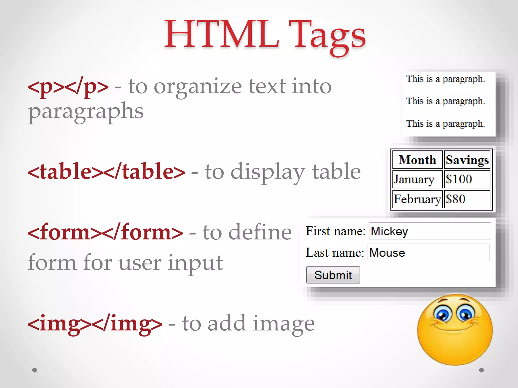 HTML Tags
<p></p> - to organize text into
paragraphs
<table></table> - to display table
<form></form> - to define
form for user input
<img></img> - to add image
 