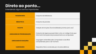 FRAMEWORKS Conjunto de bibliotecas
BIBLIOTECA Conjunto de pacotes
PACOTE Coleção de funções (funcionalidades prontas para uso)
LINGUAGEM DE PROGRAMAÇÃO
Conjunto de regras que permitem criar um código fonte que
informará instruções de processamento ao computador
LINGUAGEM DE MAQUINA
Linguagem entendida pelo computador e de difícil
compreensão para o ser humano
HARDWARES Dispositivo físico construído por circuitos elétricos
Entendendo alguns termos importantes
Direto ao ponto...
 