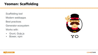 Yeoman: Scaffolding
Scaffolding tool
Modern webbapps
Best practices
Generator ecosystem
Works with:
▪ Grunt, Gulp.js
▪ Bower, npm
 