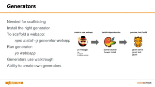 Generators
Needed for scaffolding
Install the right generator
To scaffold a webapp:
npm install -g generator-webapp
Run generator:
yo webbapp
Generators use walktrough
Ability to create own generators
 