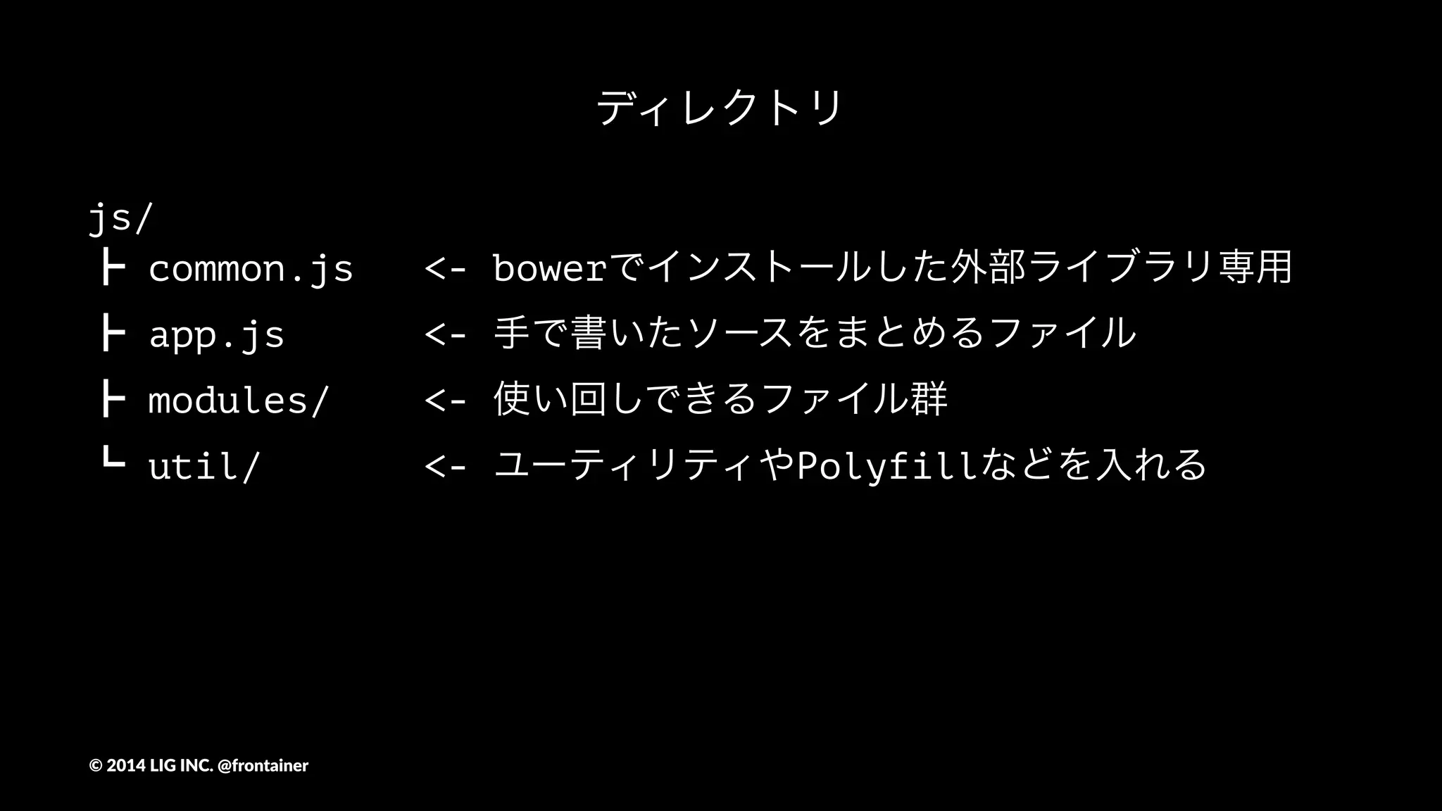 JS書くときの例
©"2014"LIG"INC."@frontainer
 