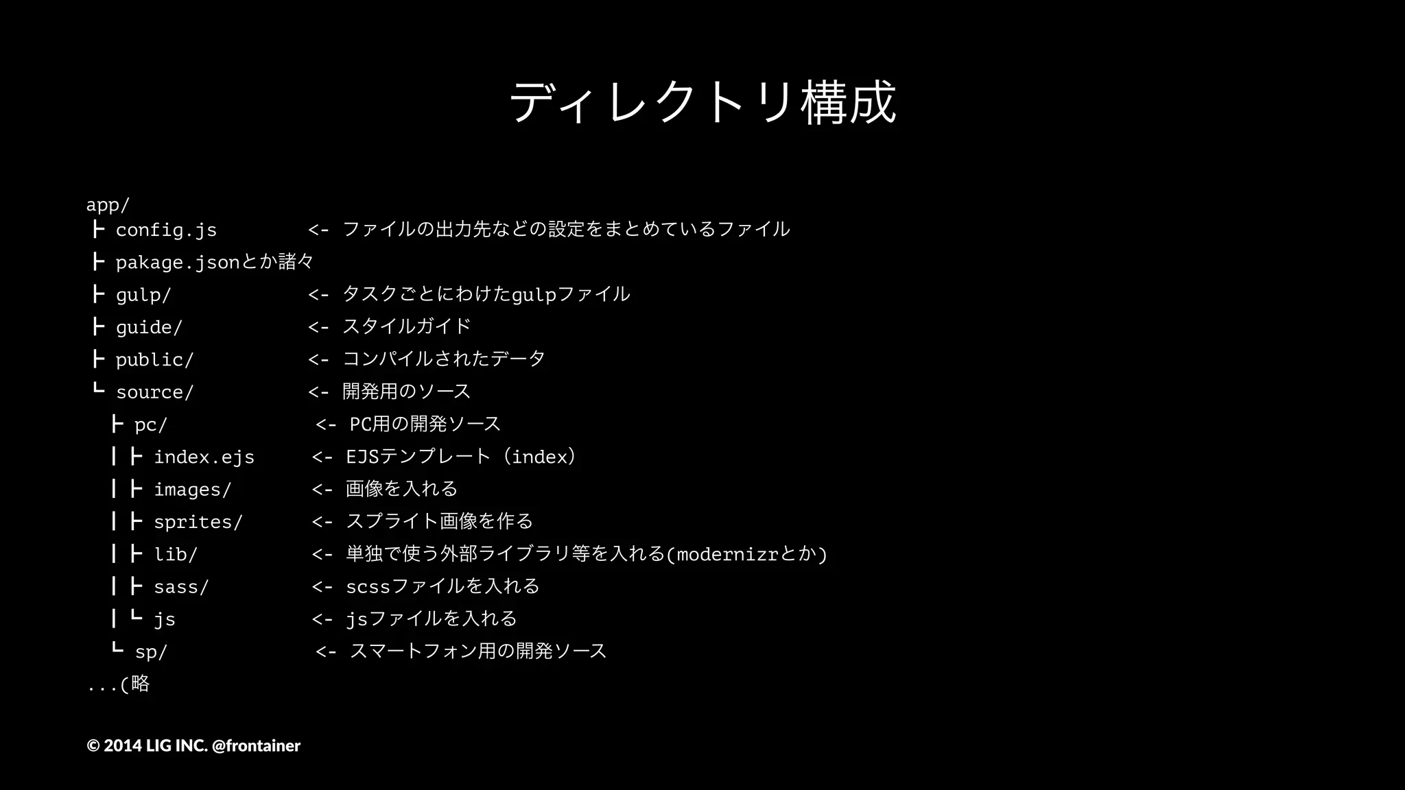 必要な環境
- Gulp2
- WebPack
- Bower
- Karma/Jasmine
- PhantomJS
©"2014"LIG"INC."@frontainer
 