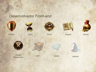 Desenvolvedor Front-end
HTML5
Design
Responsivo
CSS3
GIT
JS AV
NODE
Angular
Jenkins
jQuery
 