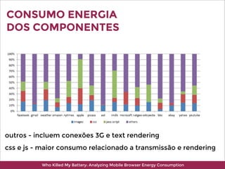 Who Killed My Battery: Analyzing Mobile Browser Energy Consumption
CONSUMO ENERGIA
DOS COMPONENTES
outros - incluem conexões 3G e text rendering
css e js - maior consumo relacionado a transmissão e rendering
 