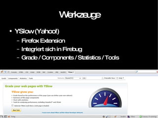 Werkzeuge YSlow (Yahoo!) Firefox Extension Integriert sich in Firebug Grade / Components / Statistics / Tools 