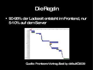 Die Regeln 90-95% der Ladezeit entsteht im Frontend, nur 5-10% auf dem Server Quelle: Fronteers-Vortrag „fast by default“ 2009 
