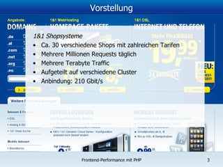 Vorstellung 1&1 Shopsysteme Ca. 30 verschiedene Shops mit zahlreichen Tarifen Mehrere Millionen Requests täglich Mehrere Terabyte Traffic Aufgeteilt auf verschiedene Cluster Anbindung: 210 Gbit/s 