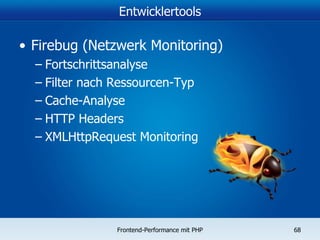 Entwicklertools Firebug (Netzwerk Monitoring) Fortschrittsanalyse Filter nach Ressourcen-Typ Cache-Analyse HTTP Headers XMLHttpRequest Monitoring 