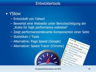 Entwicklertools YSlow Entwickelt von Yahoo! Bewertet eine Webseite unter Berücksichtigung der „Rules for high performance websites“ Zeigt performancerelevante Komponenten einer Seite Statistiken / Tools Alternative: Page Speed (Google) Alternative: Speed Tracer (Chrome) 