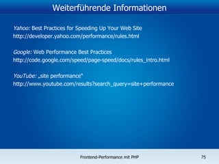 Weiterführende Informationen Yahoo:  Best Practices for Speeding Up Your Web Site http://developer.yahoo.com/performance/rules.html Google:  Web Performance Best Practices http://code.google.com/speed/page-speed/docs/rules_intro.html YouTube:  „site performance“ http://www.youtube.com/results?search_query=site+performance 
