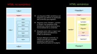 HTML no semántico HTML semántico
► Las etiquetas HTML semánticas son
etiquetas que definen el significado
del contenido que engloban.
► Etiquetas como <header>, <article>
y <footer> son etiquetas HTML
semánticas. Indican claramente la
funcionalidad de su contenido.
► Etiquetas como <div> y <span> son
ejemplos típicos de elementos
HTML no semánticos.
Aunque albergan contenido, no
indican qué tipo de contenido
contienen ni qué función
desempeña esa pieza en la página.
 