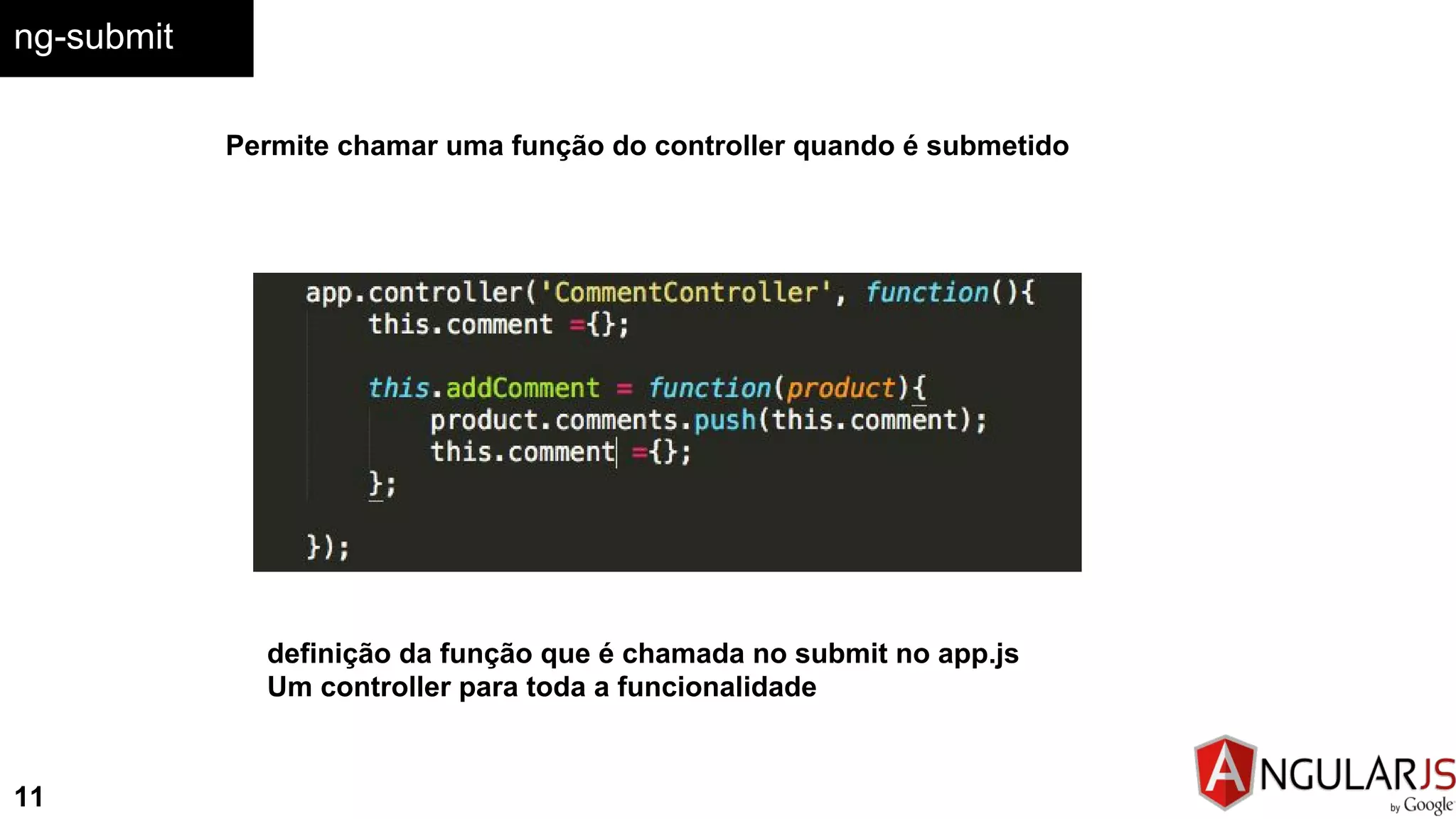 ng-submit
11
definição da função que é chamada no submit no app.js
Um controller para toda a funcionalidade
Permite chamar uma função do controller quando é submetido
 