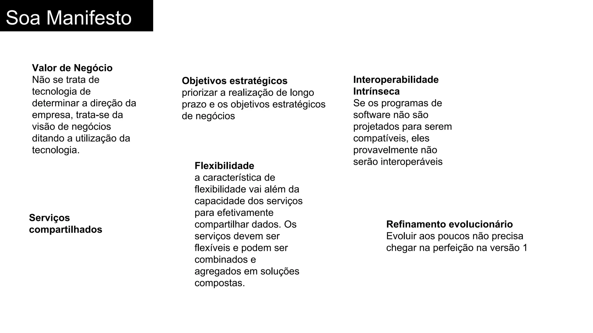 Interoperabilidade
Intrínseca
Se os programas de
software não são
projetados para serem
compatíveis, eles
provavelmente não
serão interoperáveisFlexibilidade
a característica de
flexibilidade vai além da
capacidade dos serviços
para efetivamente
compartilhar dados. Os
serviços devem ser
flexíveis e podem ser
combinados e
agregados em soluções
compostas.
Refinamento evolucionário
Evoluir aos poucos não precisa
chegar na perfeição na versão 1
Serviços
compartilhados
Objetivos estratégicos
priorizar a realização de longo
prazo e os objetivos estratégicos
de negócios
Valor de Negócio
Não se trata de
tecnologia de
determinar a direção da
empresa, trata-se da
visão de negócios
ditando a utilização da
tecnologia.
Soa Manifesto
 