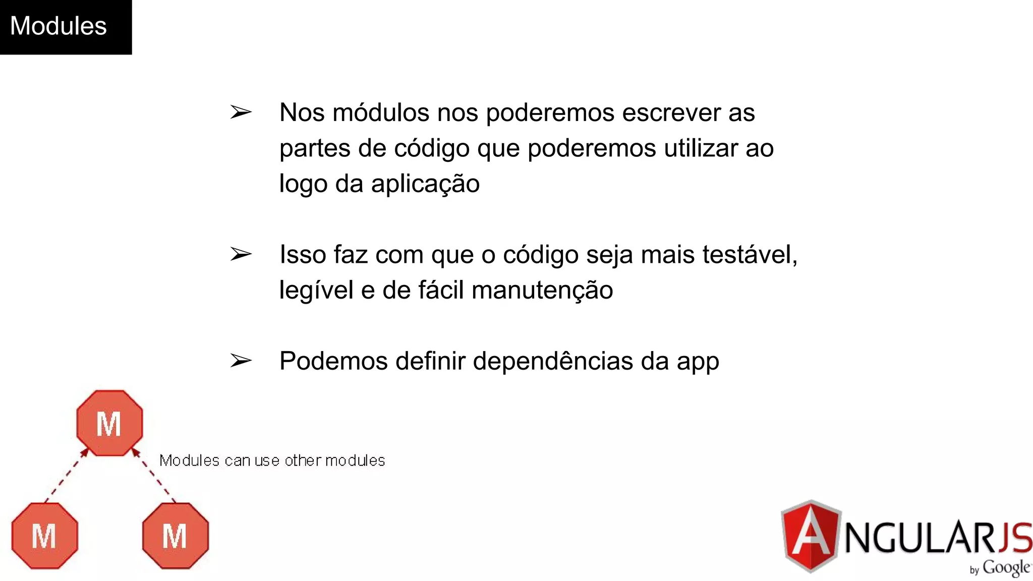 Modules
➢ Nos módulos nos poderemos escrever as
partes de código que poderemos utilizar ao
logo da aplicação
➢ Isso faz com que o código seja mais testável,
legível e de fácil manutenção
➢ Podemos definir dependências da app
 