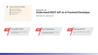 49 REST API Specifications
50 Create Fake REST API
48 How does REST API Work
Section No : 06
Total Class: 03 Total Hour: 06
Understand REST API as A Frontend Developer
Topics Covered in This Section
Understand REST API
Fake REST API
How to Deal with API
Importance of REST API
How to create a REST API, Create A Fake REST
API
Understand REST API Specification, Testing API
Endpoint, Different API Methods
What is REST API, How does it work, REST API
for frontend Developer
 