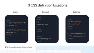<body>
<h1 style="align:center;">This
is a heading</h1>
<p style="color:red;">This is a
paragraph.</p>
</body>
<head>
<style>
h1{
margin-left: 40px;
}
</style>
</head>
<body>
<h1>H1 heading</h1>
</body>
<head>
<link rel="stylesheet"
href="mystyle.css">
</head>
<body>
<h1>This is a heading</h1>
<p>This is a paragraph.</p>
</body>
Inline Internal External
3 CSS definition locations
 