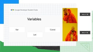 Variables
Const
Let
Var
var x = 10
let x = 10
 