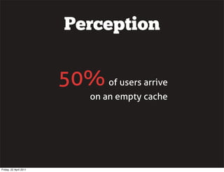 Perception


                        50% of users arrive
                             on an empty cache




Friday, 22 April 2011
 