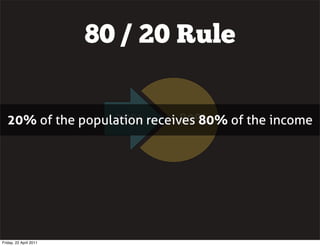80 / 20 Rule


                   20%         80%
   20% of the population receives 80% of the income




Friday, 22 April 2011
 