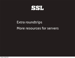 SSL

                        Extra roundtrips
                        More resources for servers




Friday, 22 April 2011
 